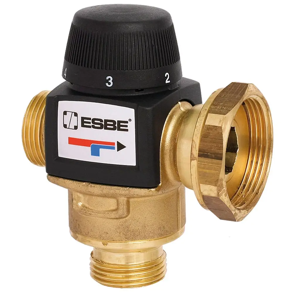 Mischventil von ESBE mit schwarzem Einstellknopf und zwei Anschlussgewinden, geeignet zur Regelung von Wassertemperaturen in Rohrsystemen.